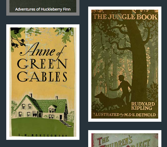 Covers of children's books including "The Jungle Book" and "Anne of Green Gables"
